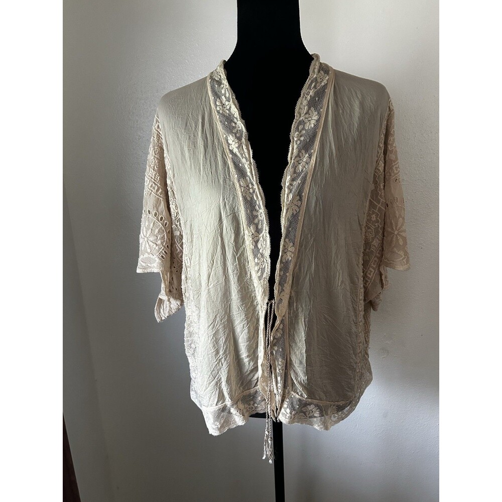 Johnny Was Open Front Short Embroidered Lace Kimono Tie Front Beige Boho Size S